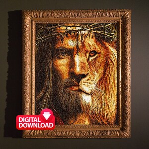 May include: A digital download of a painting depicting a lion and Jesus Christ. The image is in a gold frame and the lion's mane is flowing. The image is a mosaic of small squares.