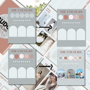 K&ouml;nnte beinhalten: Eine Sammlung von Hochzeitsplanungs-Vorlagen mit einer sanften Farbpalette. Die Vorlagen umfassen Moodboards, Farbpaletten mit der Aufschrift "THE COLOURS" und Budgetplanungsseiten. Bilder von Brautkleidern und Paaren sind ebenfalls enthalten.