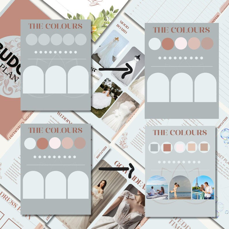 K&ouml;nnte beinhalten: Eine Sammlung von Hochzeitsplanungs-Vorlagen mit einer sanften Farbpalette. Die Vorlagen umfassen Moodboards, Farbpaletten mit der Aufschrift "THE COLOURS" und Budgetplanungsseiten. Bilder von Brautkleidern und Paaren sind ebenfalls enthalten.