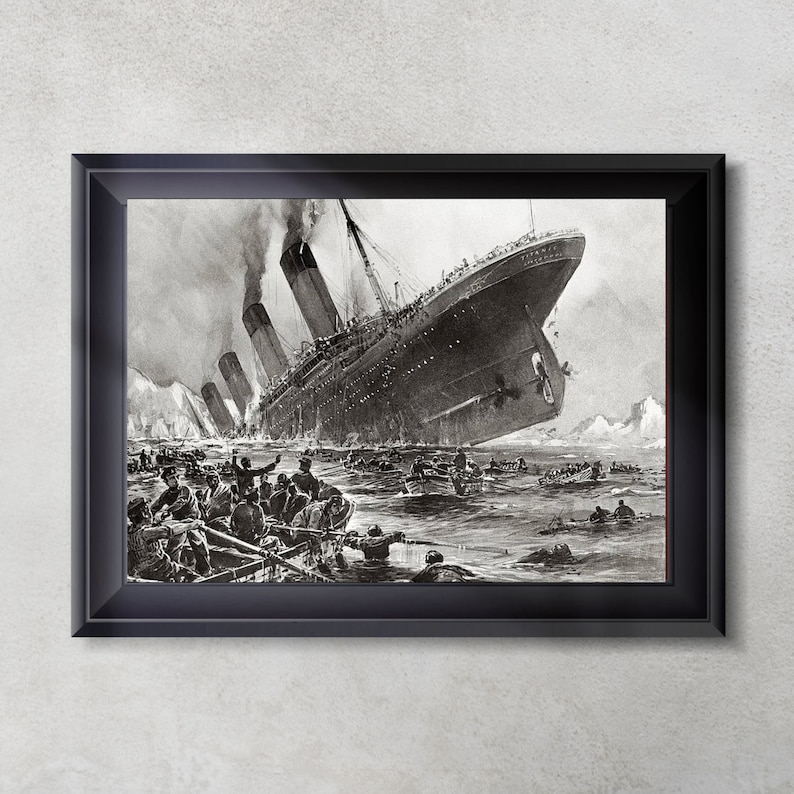 May include: A black and white illustration of the sinking of the Titanic. The ship is shown partially submerged in the water, with lifeboats and people in the water around it.