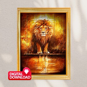 May include: A digital download of a painting featuring a lion standing on a wooden platform with a golden background. The lion has a thick mane and is looking directly at the viewer.