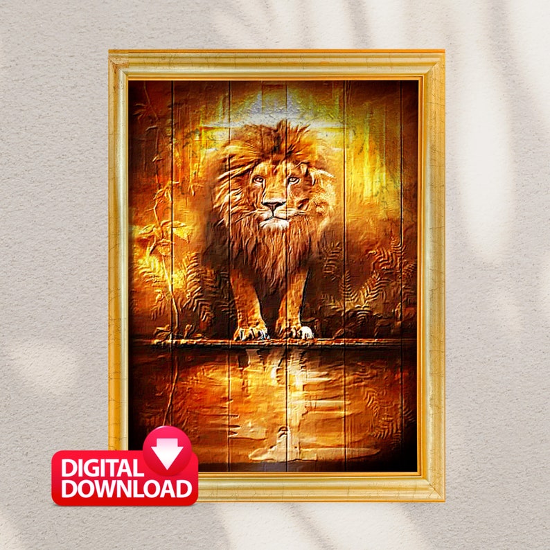 May include: A digital download of a painting featuring a lion standing on a wooden platform with a golden background. The lion has a thick mane and is looking directly at the viewer.