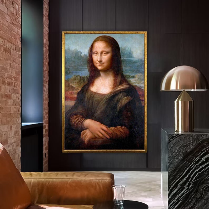 May include: A painting of the Mona Lisa, a famous portrait by Leonardo da Vinci. The painting depicts a woman with a subtle smile, wearing a dark dress and a light background.