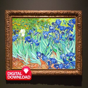 May include: A framed painting of a field of blue irises with green leaves and a few white irises in the background. The painting is in a gold frame.