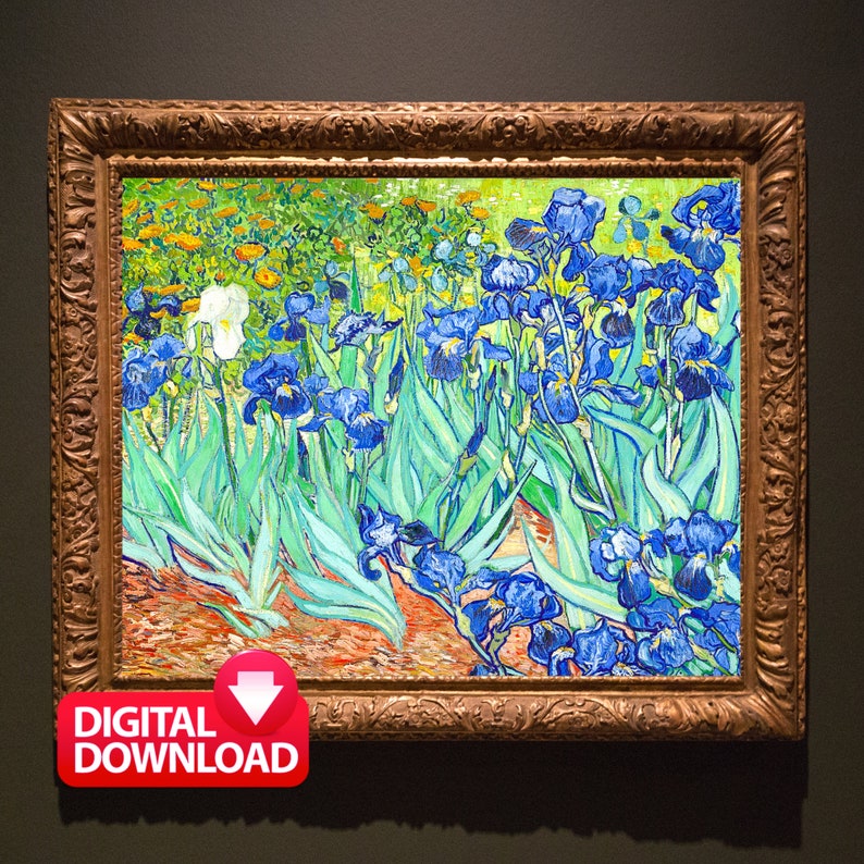 May include: A framed painting of a field of blue irises with green leaves and a few white irises in the background. The painting is in a gold frame.