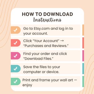 K&ouml;nnte beinhalten: Eine Anleitung mit dem Titel "HOW TO DOWNLOAD Instructions", die erkl&auml;rt, wie man Dateien von Etsy herunterl&auml;dt. Die Schritte umfassen das Einloggen, das Auffinden der K&auml;ufe und das Speichern der Dateien. Das Design hat einen Pfirsichfarbenen Hintergrund mit bunten Akzenten.