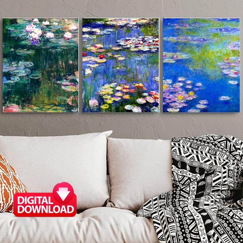 May include: Three digital prints of Claude Monet's Water Lilies paintings. The prints feature a blue and green water scene with lily pads and flowers.