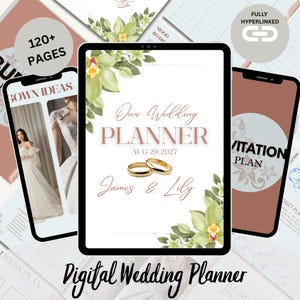 K&ouml;nnte beinhalten: Digitaler Hochzeitsplaner mit wei&szlig;em Hintergrund, mit dem Text "Our Wedding Planner" und dem Datum "AUG 20 2027". Das Design umfasst goldene Eheringe, florale Akzente und die Namen "James & Lily". Das Bild zeigt auch ein Telefon und ein Tablet mit Hochzeitsplanungsinhalten.