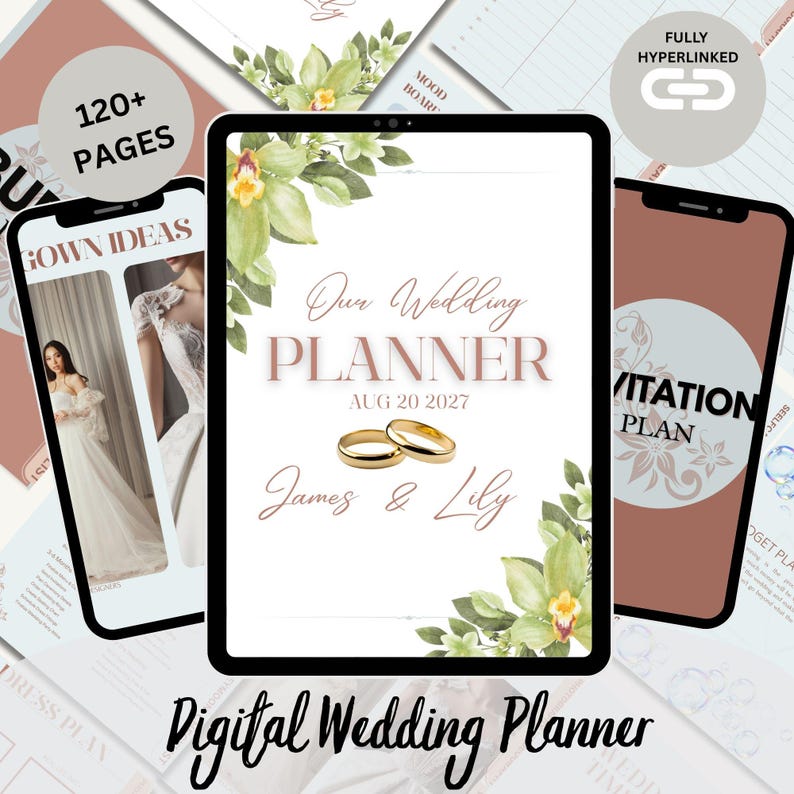 K&ouml;nnte beinhalten: Digitaler Hochzeitsplaner mit wei&szlig;em Hintergrund, mit dem Text "Our Wedding Planner" und dem Datum "AUG 20 2027". Das Design umfasst goldene Eheringe, florale Akzente und die Namen "James & Lily". Das Bild zeigt auch ein Telefon und ein Tablet mit Hochzeitsplanungsinhalten.