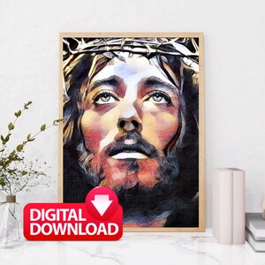 May include: A digital painting of Jesus Christ with a crown of thorns. The painting is in a realistic style and features a close-up of Jesus' face. His eyes are closed and he is looking upwards. The painting is done in shades of brown, red, and blue.