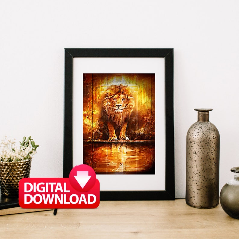 May include: A digital download of a painting featuring a lion standing on a wooden platform with a reflection in the water below. The lion is golden brown with a mane and is looking directly at the viewer. The background is a blurred image of a forest with a sunset in the distance.