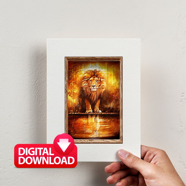 May include: A digital download of a painting featuring a lion standing in a golden forest. The lion is looking directly at the viewer with a serious expression. The background is a warm, golden color with a hint of orange.