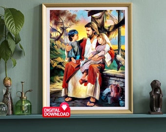 Impresión artística en acuarela de Jesús con niños (descarga digital)
