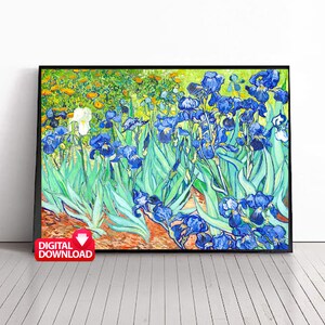 May include: A painting of a field of blue irises with green leaves and a few white irises in the background. The painting is done in a style reminiscent of Vincent van Gogh.
