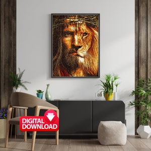 May include: A digital download of a painting depicting a man with a crown of thorns and a lion's face. The image is in shades of brown, gold, and red.