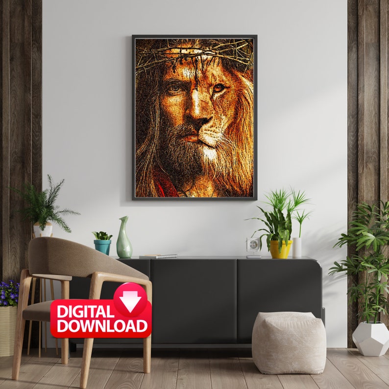 May include: A digital download of a painting depicting a man with a crown of thorns and a lion's face. The image is in shades of brown, gold, and red.