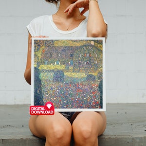 May include: A digital download of a painting depicting a house with a green roof and yellow walls surrounded by a field of flowers. The painting is done in a pointillist style with small dots of color.