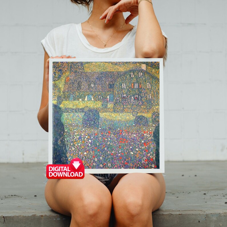 May include: A digital download of a painting depicting a house with a green roof and yellow walls surrounded by a field of flowers. The painting is done in a pointillist style with small dots of color.