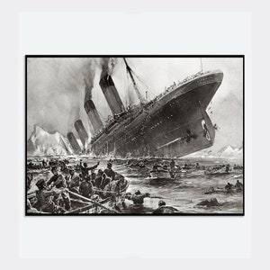 May include: A black and white illustration of the sinking of the Titanic. The ship is shown partially submerged in the water, with lifeboats and people in the water around it.