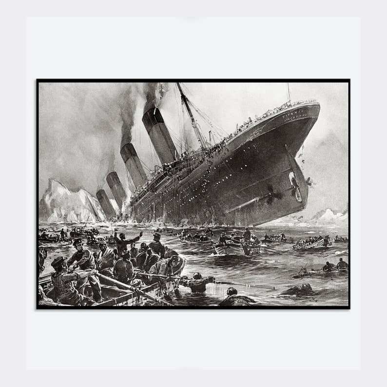 May include: A black and white illustration of the sinking of the Titanic. The ship is shown partially submerged in the water, with lifeboats and people in the water around it.