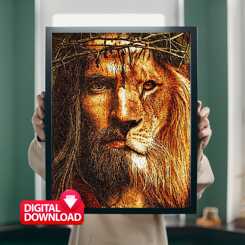 May include: A digital art print of a lion with a crown of thorns, resembling Jesus Christ. The image is in a warm, golden color palette.