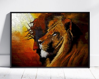 Lion of Judah Printable, Jesus Christ Wall Art, Modern Christian Art, Painting of Jesus and Lion, Lion of Judah Art, Jesus Picture