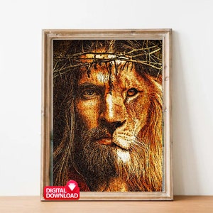 May include: A digital art print of a lion's face with a crown of thorns, depicting Jesus Christ. The image is in shades of gold and brown, with a textured effect.