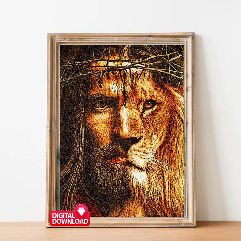 May include: A digital art print of a lion's face with a crown of thorns, depicting Jesus Christ. The image is in shades of gold and brown, with a textured effect.