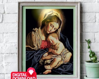 Virgen María sosteniendo al Niño Jesús pintura imprimible, impresión de arte de la Virgen y el niño, regalo de mamá por primera vez, obra de arte cristiana