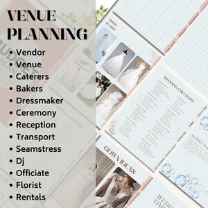K&ouml;nnte beinhalten: Ein Hochzeitsplaner-Leitfaden mit dem Titel "Venue Planning" und einer Liste von Hochzeitsdienstleistungen. Das Bild enth&auml;lt ein Moodboard mit Brautkleiderfotos und eine Hochzeits-Checkliste. Das Farbschema ist in sanften Pastellt&ouml;nen gehalten.
