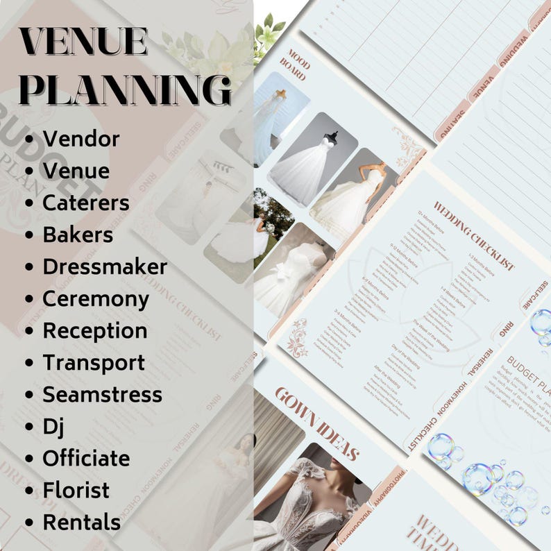 K&ouml;nnte beinhalten: Ein Hochzeitsplaner-Leitfaden mit dem Titel "Venue Planning" und einer Liste von Hochzeitsdienstleistungen. Das Bild enth&auml;lt ein Moodboard mit Brautkleiderfotos und eine Hochzeits-Checkliste. Das Farbschema ist in sanften Pastellt&ouml;nen gehalten.