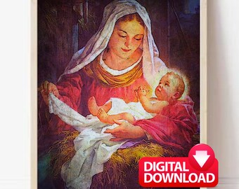 Gemälde der Mutter Maria mit dem Jesuskind, christliche Kunst (Digitaler Download)