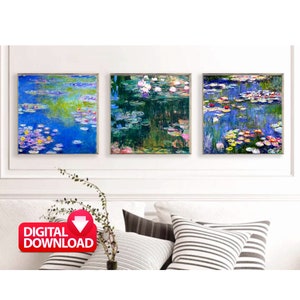 May include: Three digital prints of Claude Monet's Water Lilies paintings. The prints feature a blue, green, and purple water lily pond with lily pads and flowers.