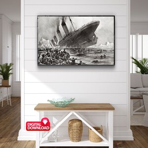 May include: A black and white illustration of the RMS Titanic sinking. The ship is partially submerged in the water, with lifeboats and people in the water around it.