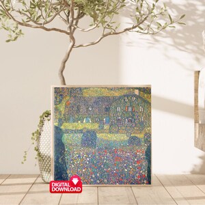 May include: A painting of a house with a green roof and yellow walls, surrounded by a field of flowers. The flowers are in shades of pink, red, white, and blue. The house is set against a background of trees and a blue sky.