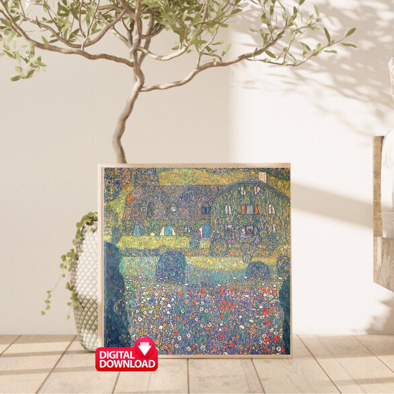 May include: A painting of a house with a green roof and yellow walls, surrounded by a field of flowers. The flowers are in shades of pink, red, white, and blue. The house is set against a background of trees and a blue sky.