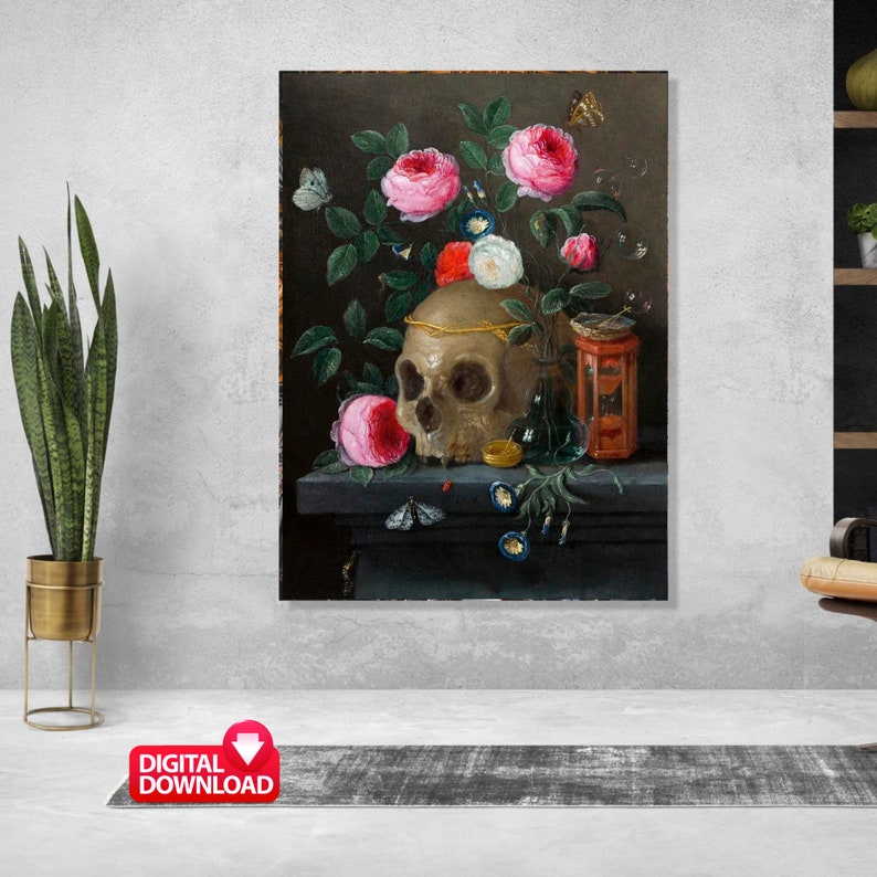May include: A still life painting featuring a human skull adorned with a gold crown, surrounded by pink and white roses, butterflies, and other floral elements. A small, ornate jar and other glass bottles are also present. The words "DIGITAL DOWNLOAD" are in a red box at the bottom.