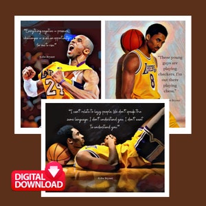 3 of KOBE BRYANT Art Print with Famous Inspirational Quotes About Life, Digital Download, Kobe Bryant Wall Art, Kobe Bryant Artwork