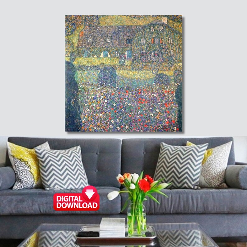 May include: A digital download of a painting depicting a house in a field of flowers. The house is green with a brown roof and white windows. The field is filled with a variety of flowers in shades of red, pink, yellow, and white. The painting is in a cubist style, with the shapes and colors being broken up and rearranged.
