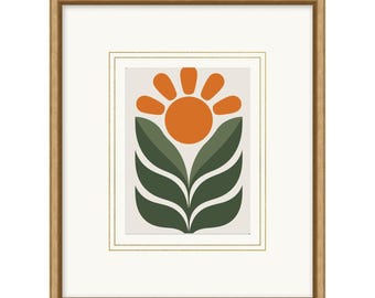 Mid-Century Modern Flower Wall Art | Retro Botanical Print | Minimalist Abstract Poster | Orange & Green Vintage Digital Download