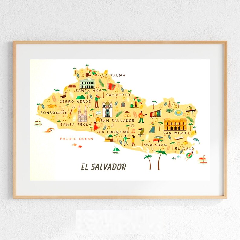 May include: A colorful illustrated map of El Salvador, featuring the country's major cities and landmarks. The map is drawn in a cartoon style with bright colors and whimsical details. The map includes the cities of Santa Ana, San Salvador, La Libertad, San Miguel, Usulutan, and El Cuco.