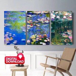 May include: A digital download of three paintings depicting water lilies in a pond. The paintings are in a blue, green, and purple color scheme. The paintings are in a rectangular format and are arranged in a row.