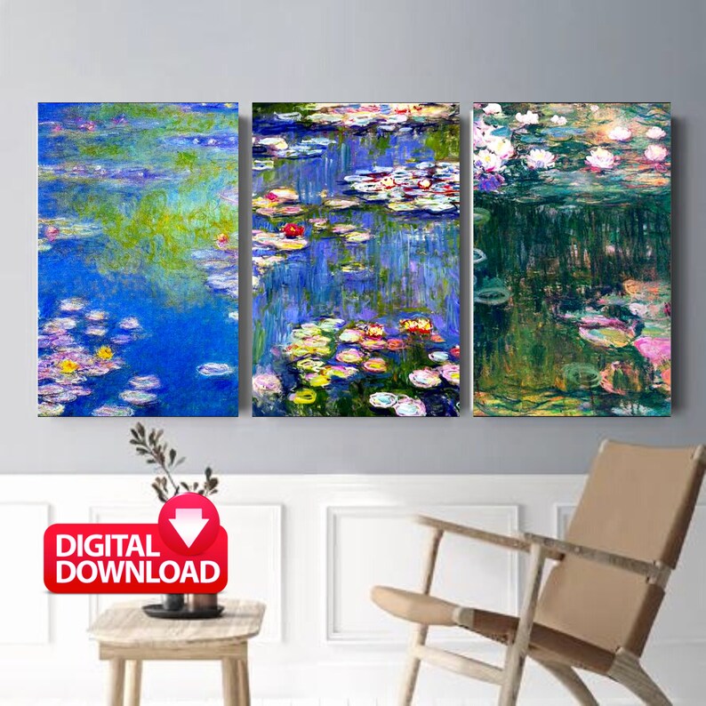 May include: A digital download of three paintings depicting water lilies in a pond. The paintings are in a blue, green, and purple color scheme. The paintings are in a rectangular format and are arranged in a row.