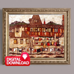 Egon Schiele House with Drying Laundry, 1917, Egon Schiele Famous Artwork, Vintage Egon Schiele Prints, Schiele Printable