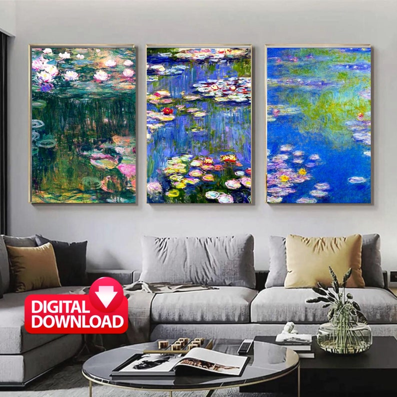 May include: Three digital art prints of water lilies in a pond. The prints are in a modern style and feature a variety of colors, including blue, green, and pink. The prints are perfect for adding a touch of nature to any room.