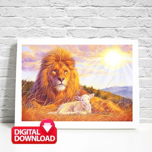 Lamb of God Printable, Lion and Lamb Art, Jesus with Lamb, Modern Christian Art, Lion of Judah, Biblical Wall Art