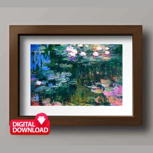 May include: A painting of a pond with water lilies. The water is a vibrant green and blue, with reflections of the sky and trees. The water lilies are white with pink centers. The painting is in a brown frame.