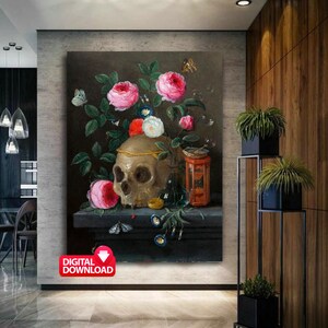 May include: A still life painting featuring a skull adorned with a gold crown, surrounded by pink and white roses, butterflies, and a small hourglass. The artwork has a dark background and a digital download icon.