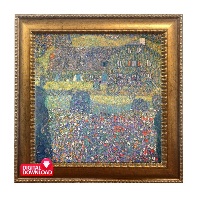 May include: A painting of a house with a green roof and white windows, surrounded by a field of colorful flowers. The house is set against a background of trees and a blue sky.