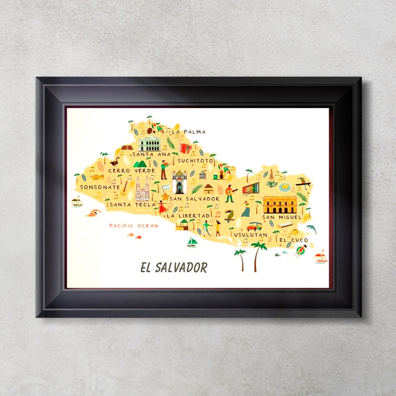 May include: A colorful illustrated map of El Salvador, featuring the country's major cities and landmarks. The map is framed in black and has a yellow background.